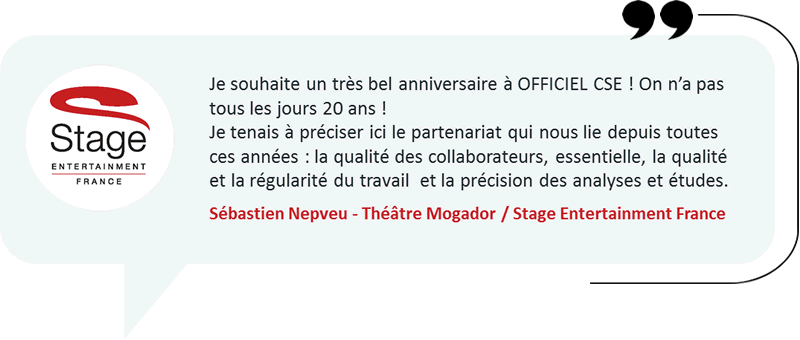 Témoignages clients Officiel CSE : Stage Entertainment, l'Atelier du Chocolat, Maison Colibri, Edenred, UpCoop, Editions Tissot, Rituals, Comundi utilisent les solutions d'Officiel CSE pour contacter les Ã©lus de CSE