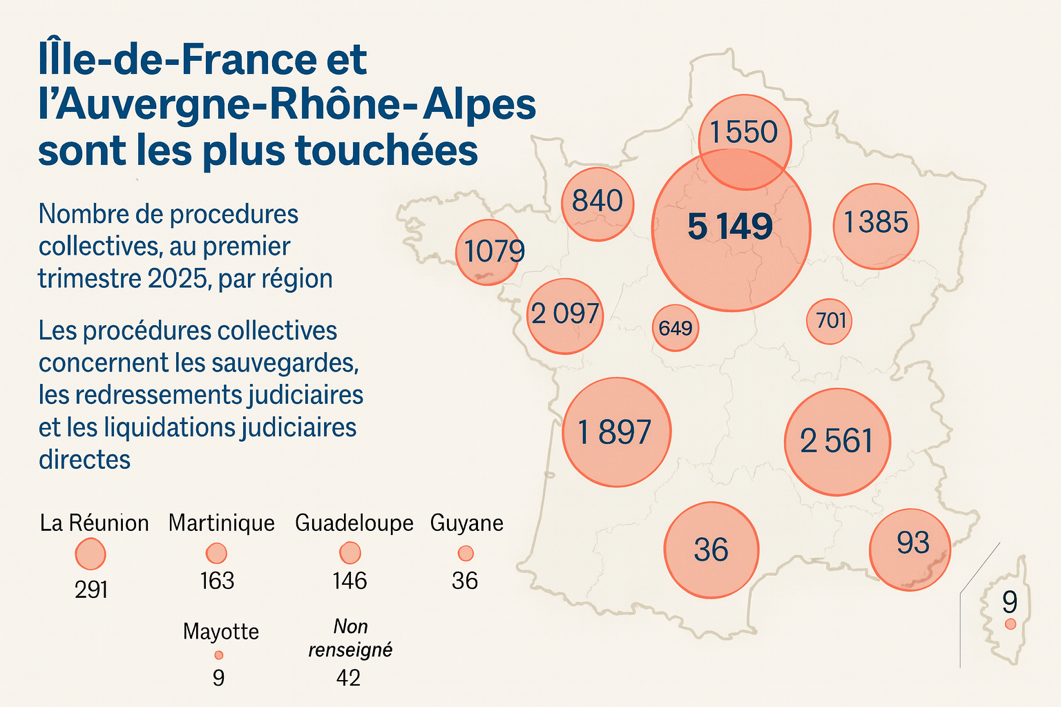 Infographie : carte de France des procédures collectives en 2025