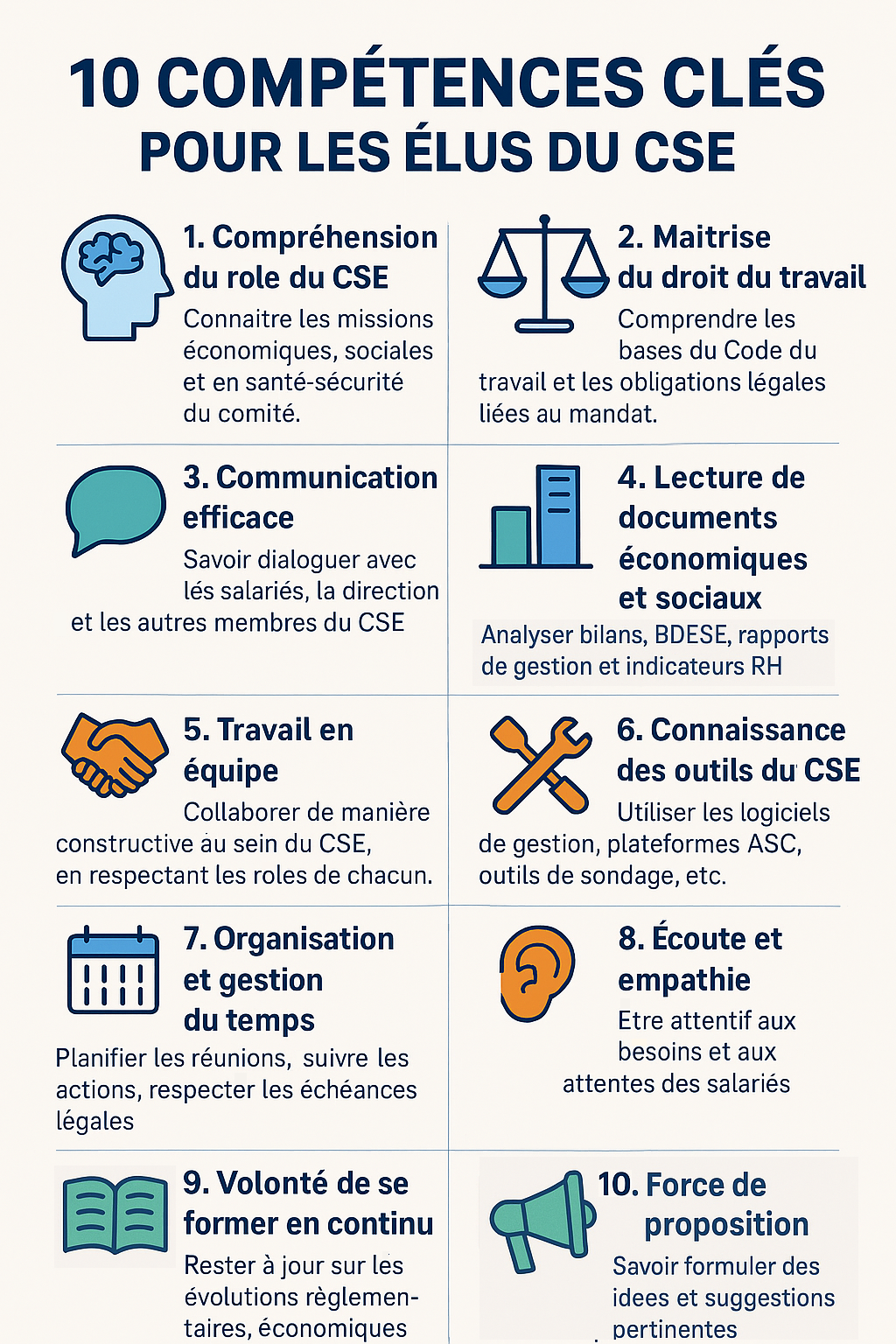 Les 10 compétences clés des élus de CSE - Infographie Officiel CSE